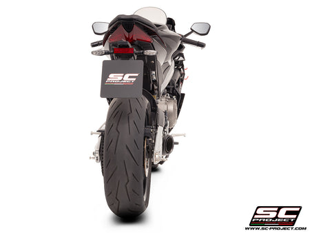 Aprilia Tuono 660 with SC-Project 2-1 titanium full exhaust system, with S1 titanium exhaust, 3/4 rear view