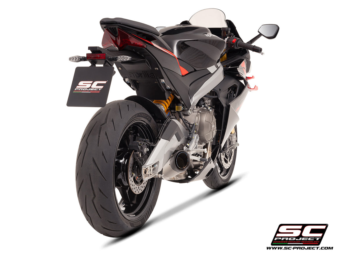 Aprilia Tuono 660 with SC-Project 2-1 titanium full exhaust system, with S1 titanium exhaust, 3/4 rear view