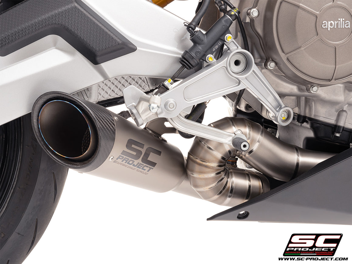Aprilia Tuono 660 with SC-Project 2-1 titanium full exhaust system, with S1 titanium exhaust, 3/4 rear view