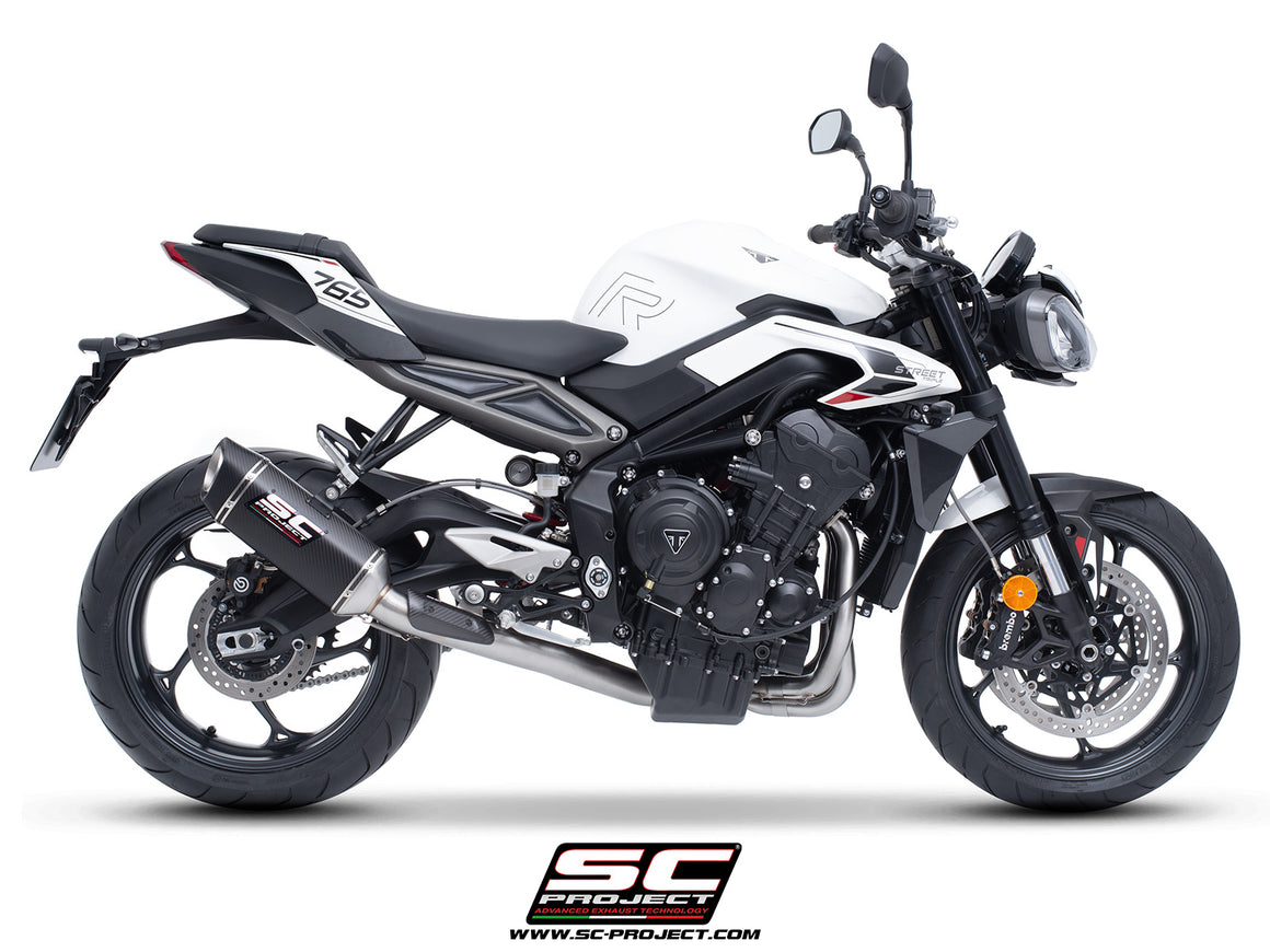 Triumph Street Triple 765 R - RS with SC-Project 3-1 Stainless steel full exhaust system, with SC1-S carbon exhaust, 3/4 rear view