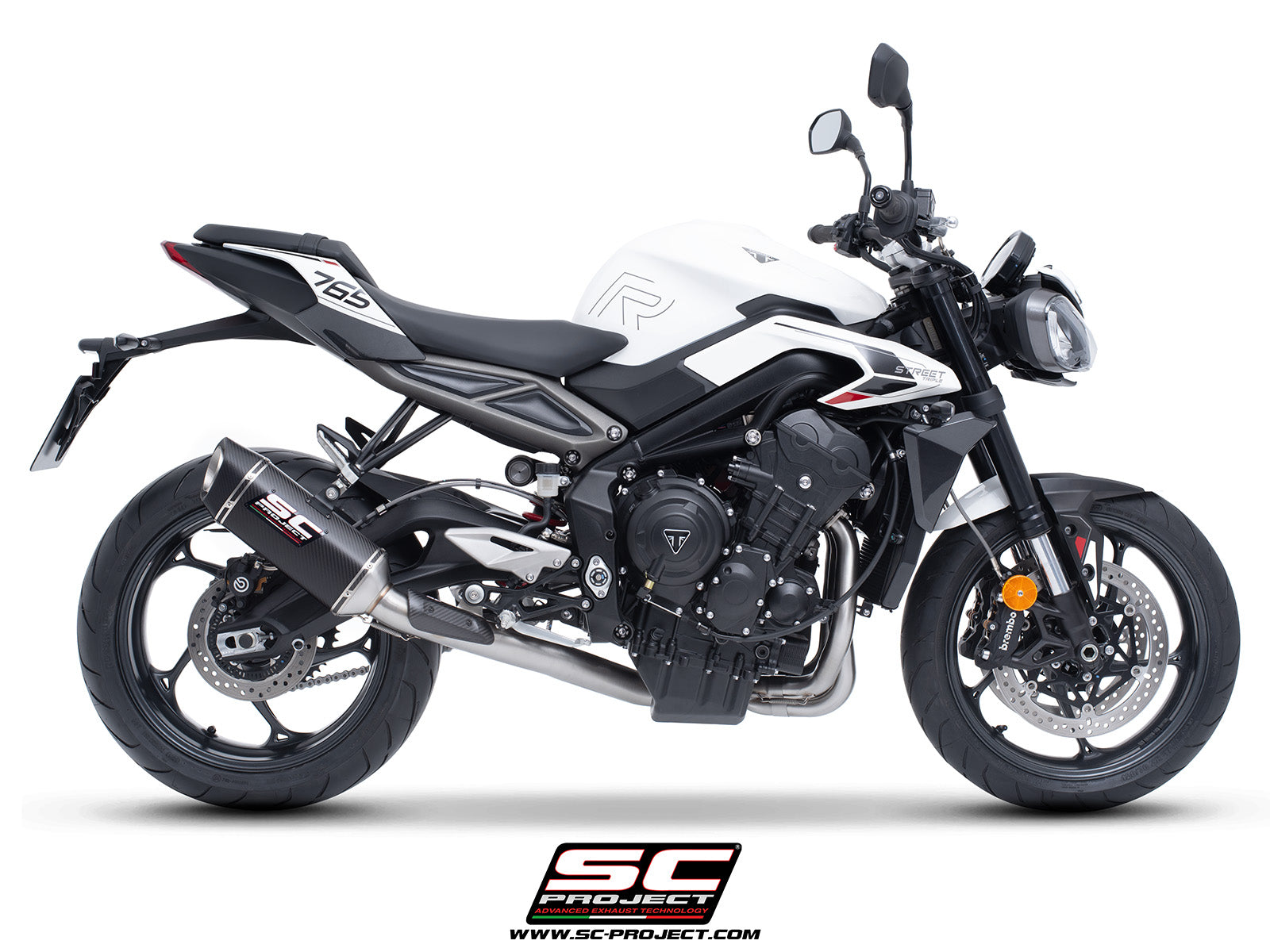 Triumph Street Triple 765 R - RS with SC-Project 3-1 Stainless steel full exhaust system, with SC1-S carbon exhaust, 3/4 rear view