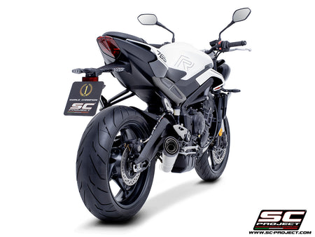 Triumph Street Triple 765 R - RS with SC-Project S1 stainless steel exhaust, 3/4 rear view