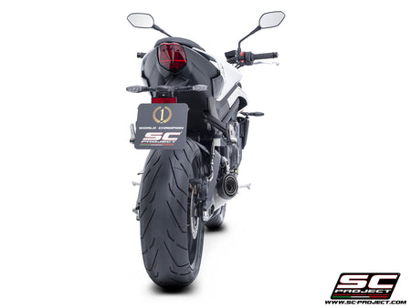 Triumph Street Triple 765 R - RS with SC-Project S1 stainless steel exhaust, 3/4 rear view