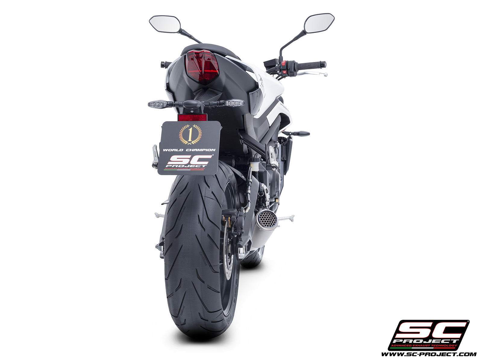 Triumph Street Triple 765 R - RS with SC-Project 3-1 Stainless steel full exhaust system, with CR-T titanium exhaust with stoneguard grid, 3/4 rear view