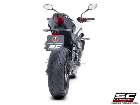 Triumph Street Triple 765 R - RS with SC-Project 3-1 Stainless steel full exhaust system, with CR-T titanium exhaust with stoneguard grid, 3/4 rear view