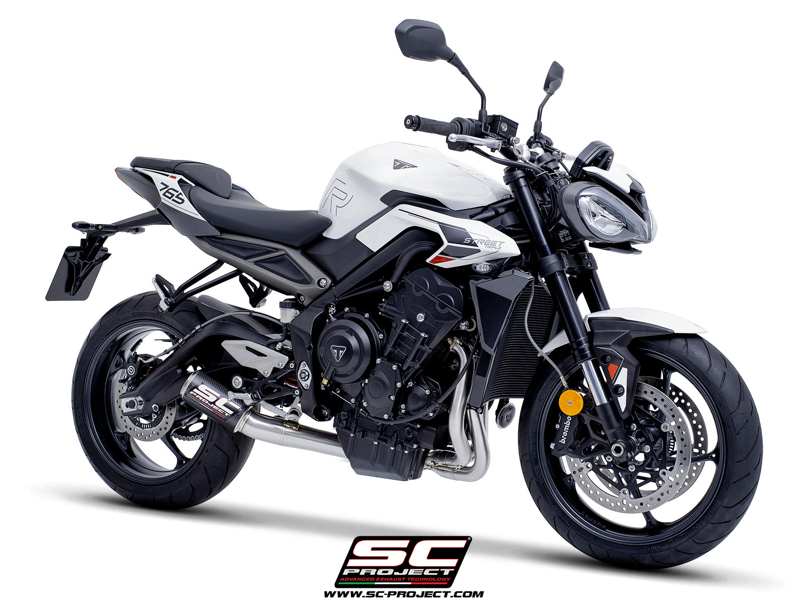Triumph Street Triple 765 R - RS with SC-Project 3-1 Stainless steel full exhaust system, with CR-T carbon exhaust with stoneguard grid, 3/4 rear view