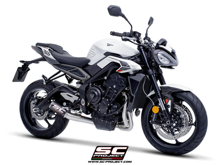 Triumph Street Triple 765 R - RS with SC-Project 3-1 Stainless steel full exhaust system, with CR-T carbon exhaust with stoneguard grid, 3/4 rear view
