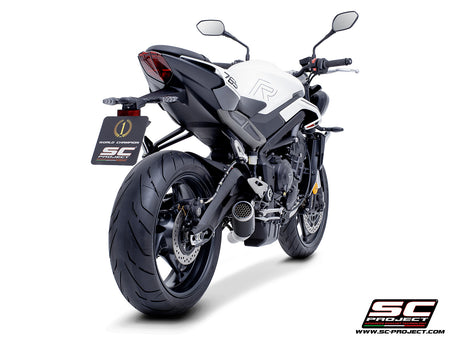 Triumph Street Triple 765 R - RS with SC-Project 3-1 Stainless steel full exhaust system, with CR-T carbon exhaust with stoneguard grid, 3/4 rear view