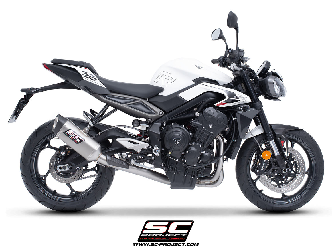 Triumph Street Triple 765 R - RS with SC-Project 3-1 Stainless steel full exhaust system, with SC1-S titanium exhaust, 3/4 rear view