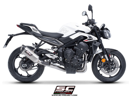 Triumph Street Triple 765 R - RS with SC-Project 3-1 Stainless steel full exhaust system, with SC1-S titanium exhaust, 3/4 rear view