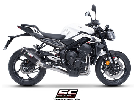 Triumph Street Triple 765 R - RS with SC-Project 3-1 Stainless steel full exhaust system, with SC1-S carbon exhaust with stoneguard grid, 3/4 rear view