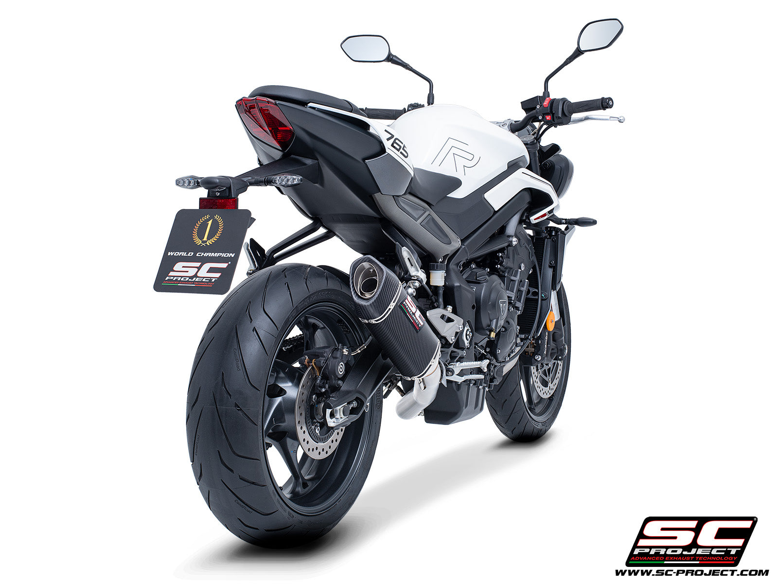 Triumph Street Triple 765 R - RS with SC-Project 3-1 Stainless steel full exhaust system, with SC1-S carbon exhaust with stoneguard grid, 3/4 rear view