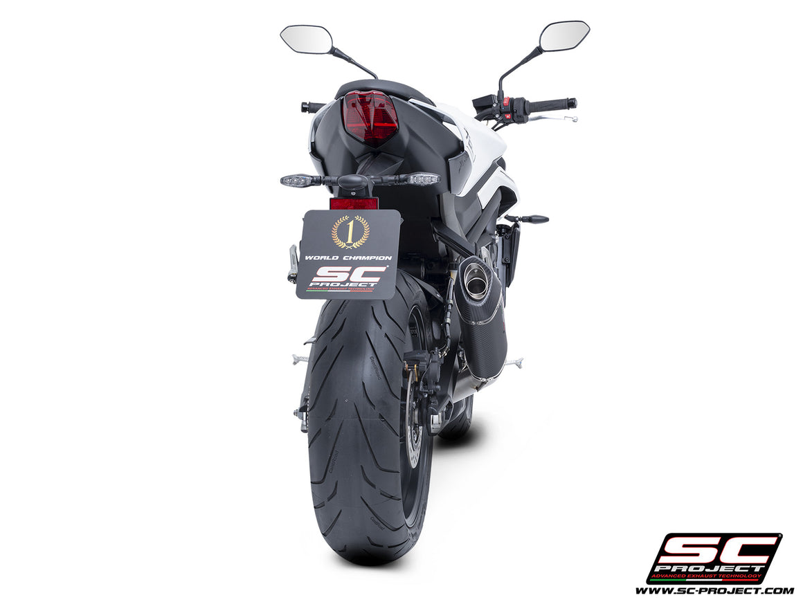 Triumph Street Triple 765 R - RS with SC-Project 3-1 Stainless steel full exhaust system, with SC1-S carbon exhaust with stoneguard grid, 3/4 rear view