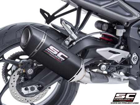 Triumph Street Triple 765 R - RS with SC-Project 3-1 Stainless steel full exhaust system, with SC1-S carbon exhaust with stoneguard grid, 3/4 rear view