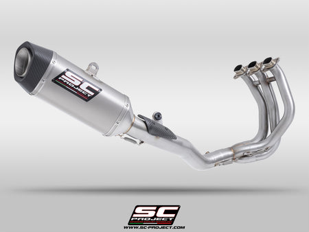 Triumph Street Triple 765 R - RS with SC-Project 3-1 Stainless steel full exhaust system, with SC1-S carbon exhaust with stoneguard grid, 3/4 rear view