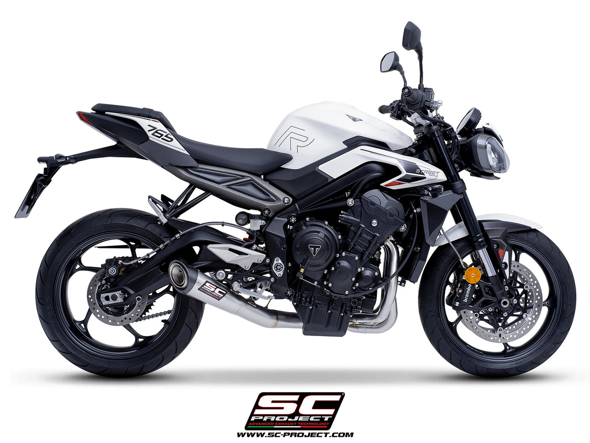 Triumph Street Triple 765 R - RS with SC-Project S1 stainless steel exhaust, 3/4 rear view