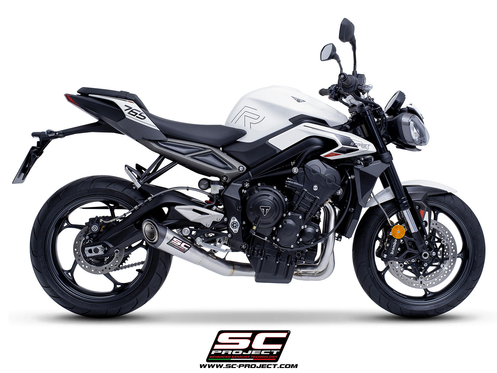 Triumph Street Triple 765 R - RS with SC-Project S1 stainless steel exhaust, 3/4 rear view