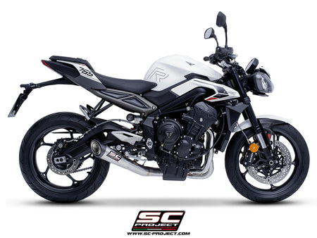 Triumph Street Triple 765 R - RS with SC-Project S1 stainless steel exhaust, 3/4 rear view