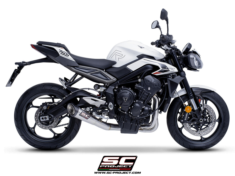 Triumph Street Triple 765 R - RS with SC-Project S1 stainless steel exhaust, 3/4 rear view