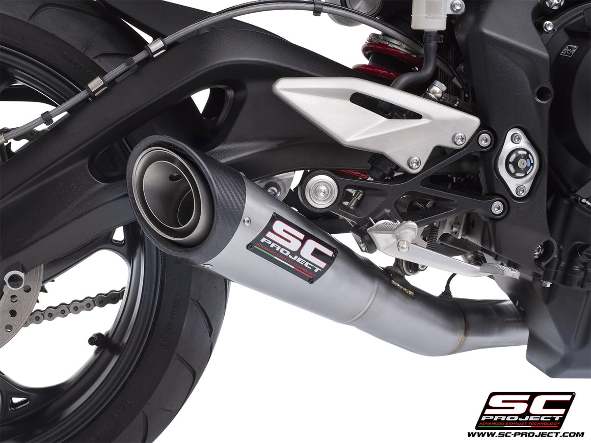 Triumph Street Triple 765 R - RS with SC-Project S1 stainless steel exhaust, 3/4 rear view