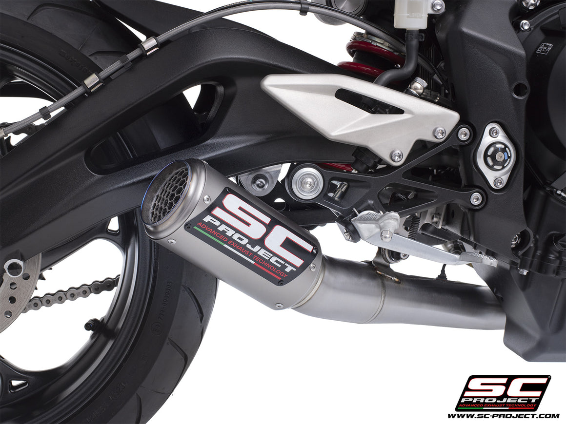 Triumph Street Triple 765 R - RS with SC-Project 3-1 Stainless steel full exhaust system, with CR-T titanium exhaust with stoneguard grid, 3/4 rear view