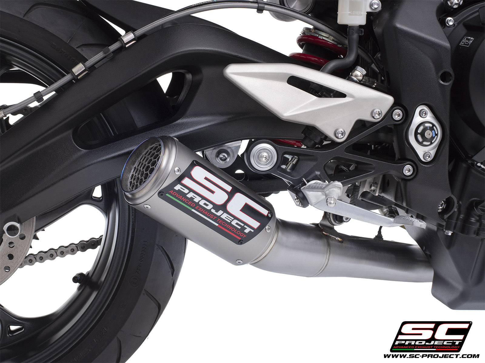 Triumph Street Triple 765 R - RS with SC-Project 3-1 Stainless steel full exhaust system, with CR-T titanium exhaust with stoneguard grid, 3/4 rear view