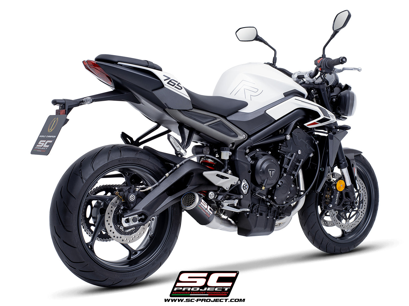 Triumph Street Triple 765 R - RS with SC-Project 3-1 Stainless steel full exhaust system, with CR-T carbon exhaust with stoneguard grid, 3/4 rear view