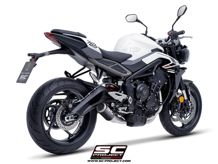 Triumph Street Triple 765 R - RS with SC-Project 3-1 Stainless steel full exhaust system, with CR-T carbon exhaust with stoneguard grid, 3/4 rear view