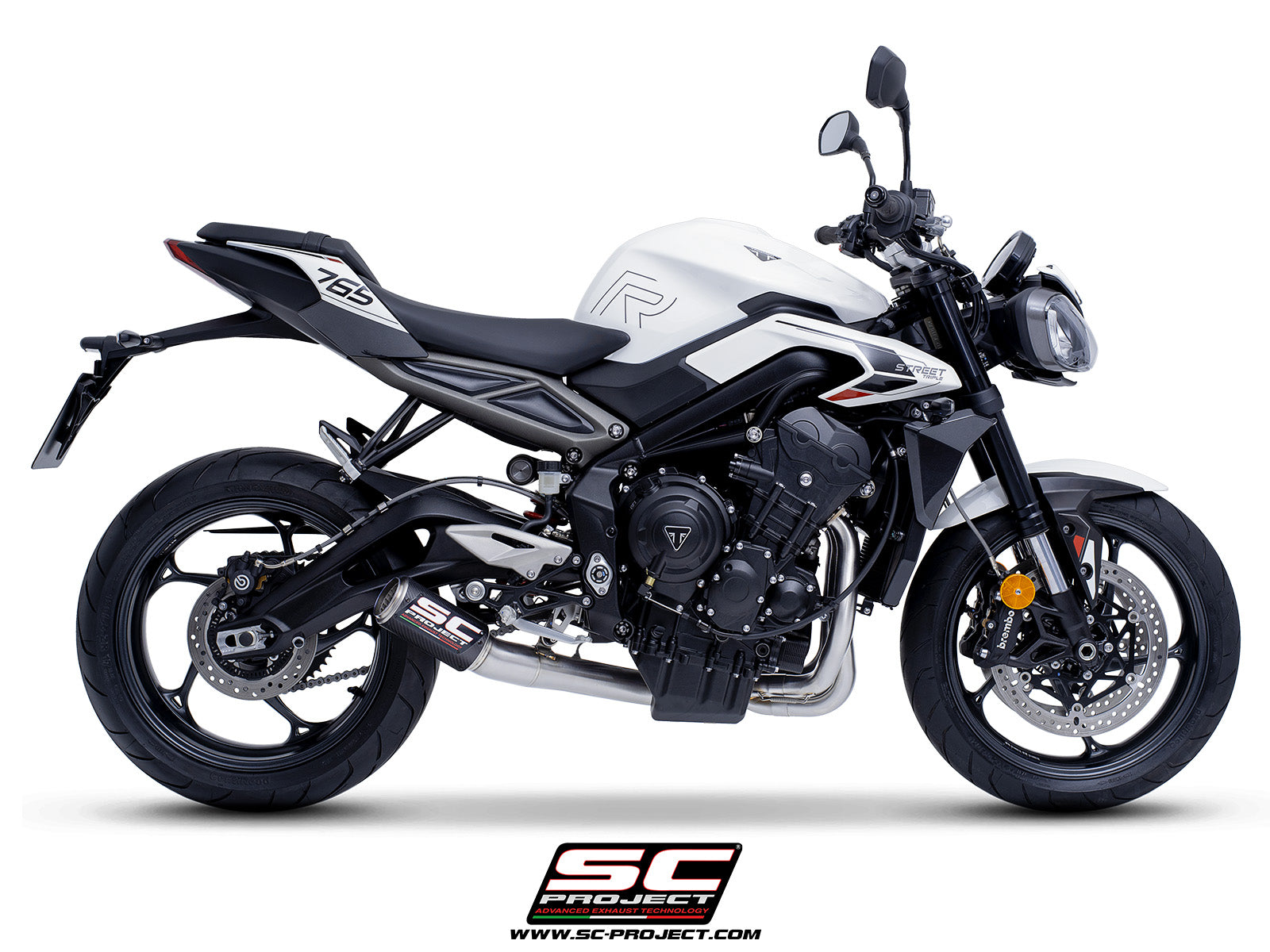 Triumph Street Triple 765 R - RS with SC-Project 3-1 Stainless steel full exhaust system, with CR-T carbon exhaust with stoneguard grid, 3/4 rear view