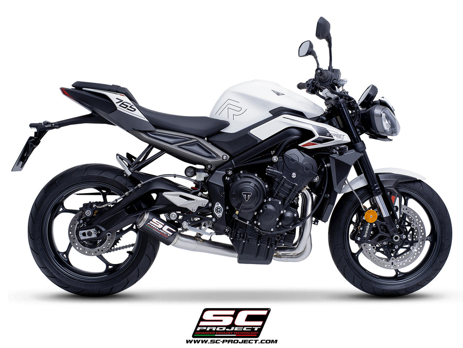 Triumph Street Triple 765 R - RS with SC-Project 3-1 Stainless steel full exhaust system, with CR-T carbon exhaust with stoneguard grid, 3/4 rear view