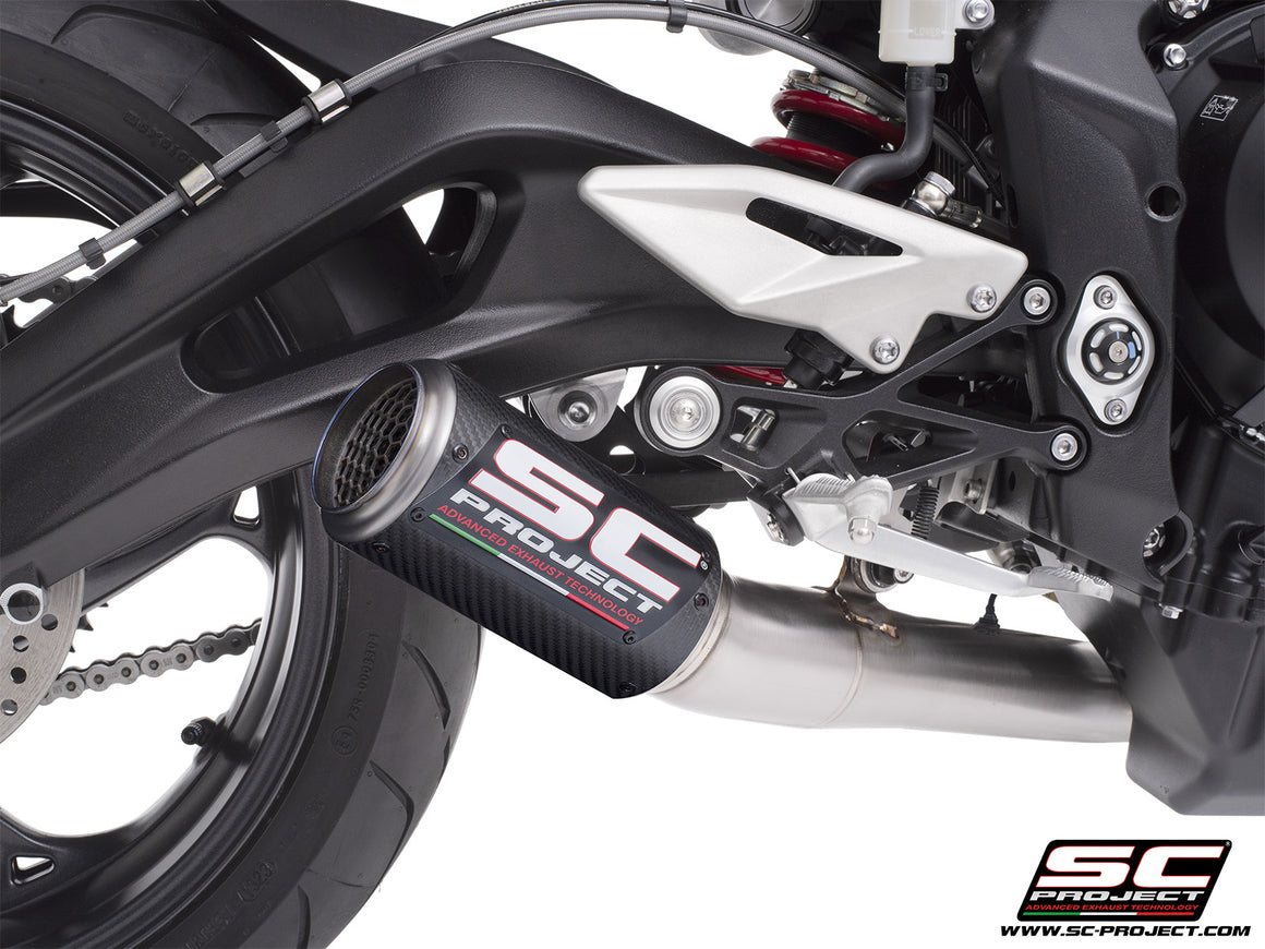 Triumph Street Triple 765 R - RS with SC-Project 3-1 Stainless steel full exhaust system, with CR-T carbon exhaust with stoneguard grid, 3/4 rear view