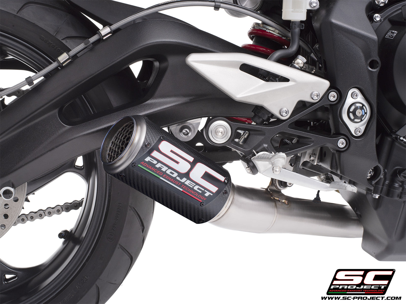 Triumph Street Triple 765 R - RS with SC-Project 3-1 Stainless steel full exhaust system, with CR-T carbon exhaust with stoneguard grid, 3/4 rear view