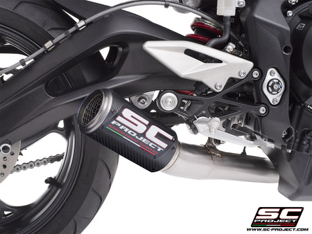Triumph Street Triple 765 R - RS with SC-Project 3-1 Stainless steel full exhaust system, with CR-T carbon exhaust with stoneguard grid, 3/4 rear view