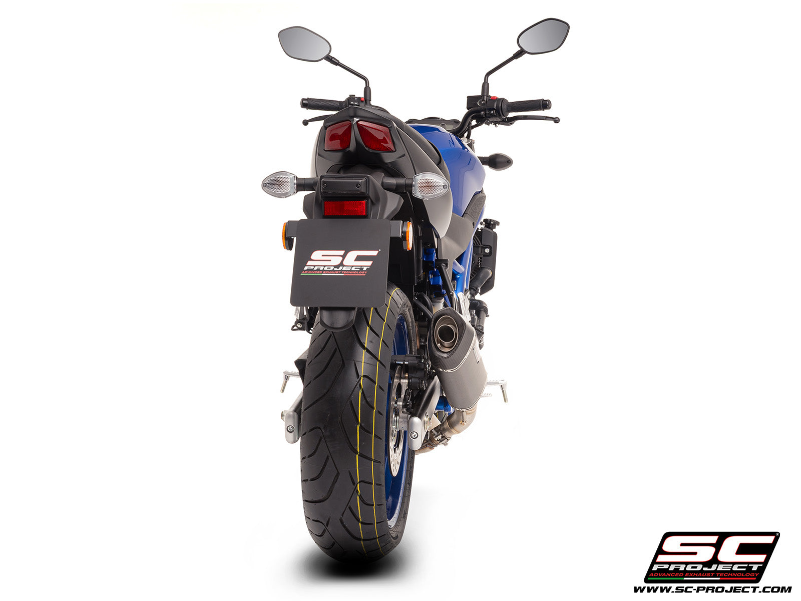 Suzuki SV650 M.Y. 2025 with SC-Project SC1-S carbon exhaust, 3/4 rear view