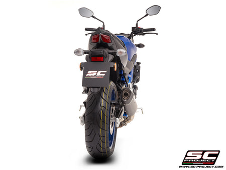 Suzuki SV650 M.Y. 2025 with SC-Project SC1-S carbon exhaust, 3/4 rear view