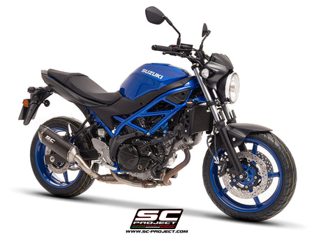 Suzuki SV650 M.Y. 2025 with SC-Project SC1-S carbon exhaust, 3/4 rear view