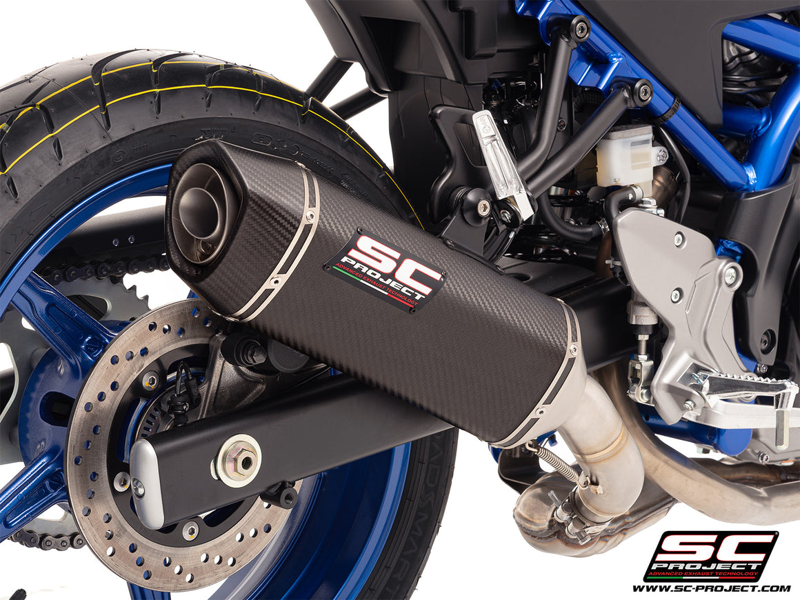 Suzuki SV650 M.Y. 2025 with SC-Project SC1-S carbon exhaust, 3/4 rear view