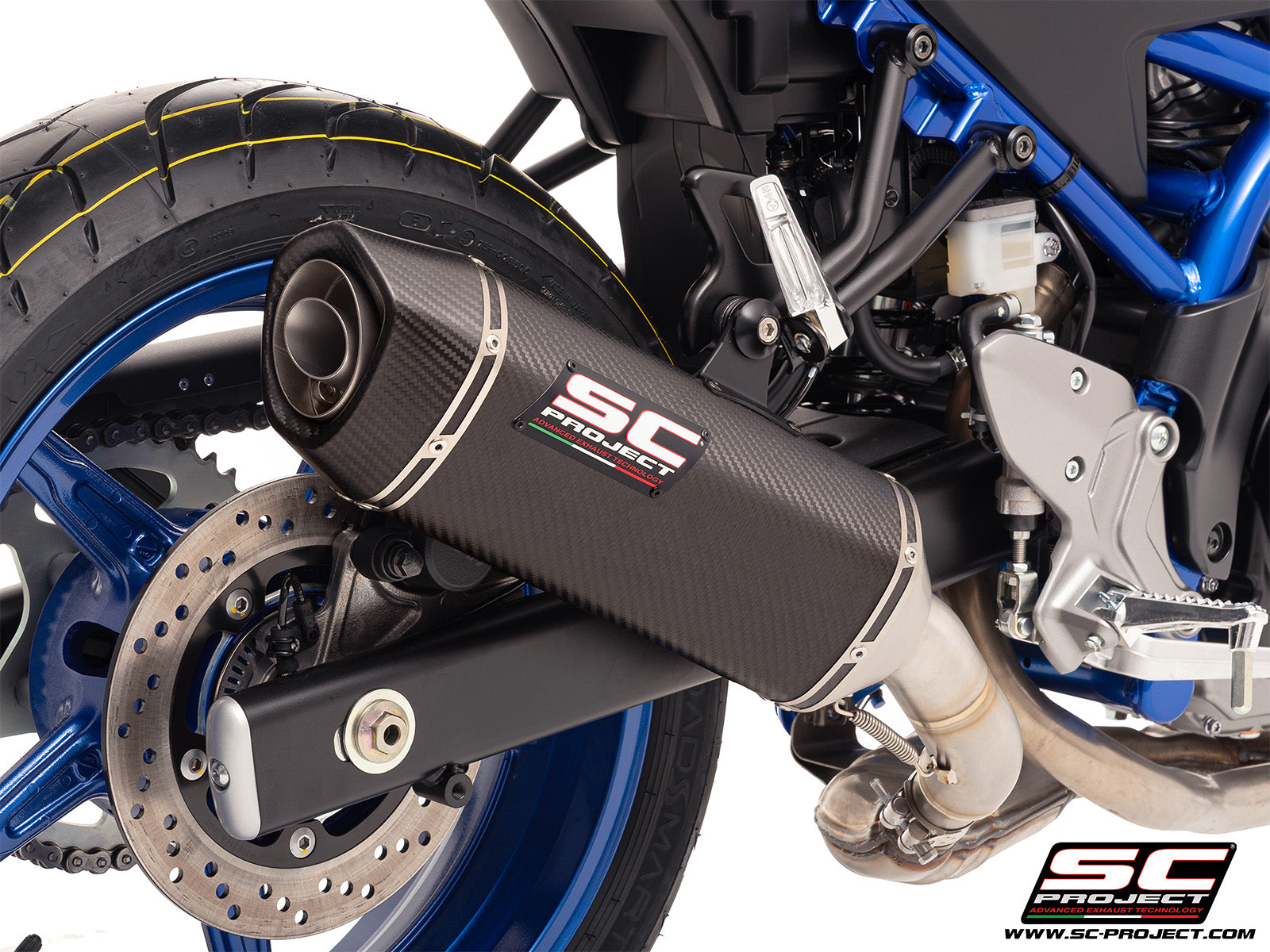Suzuki SV650 M.Y. 2025 with SC-Project SC1-S carbon exhaust, 3/4 rear view