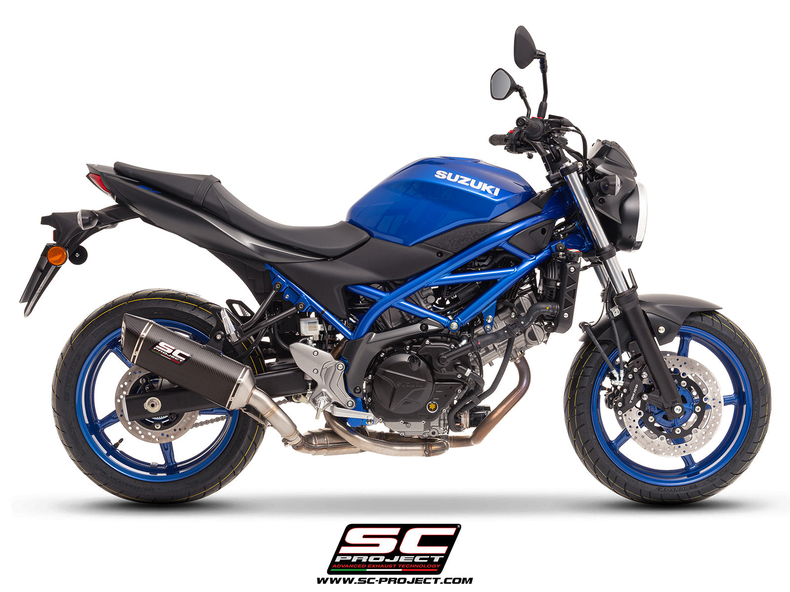 Suzuki SV650 M.Y. 2025 with SC-Project SC1-S carbon exhaust, 3/4 rear view