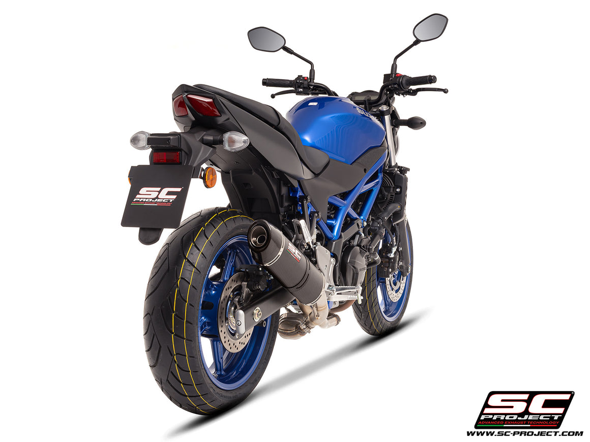 Suzuki SV650 M.Y. 2025 with SC-Project Oval carbon exhaust, 3/4 rear view