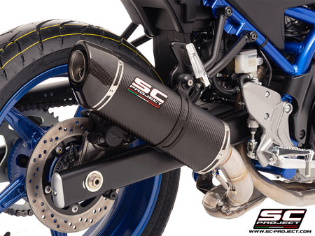 Suzuki SV650 M.Y. 2025 with SC-Project Oval carbon exhaust, 3/4 rear view