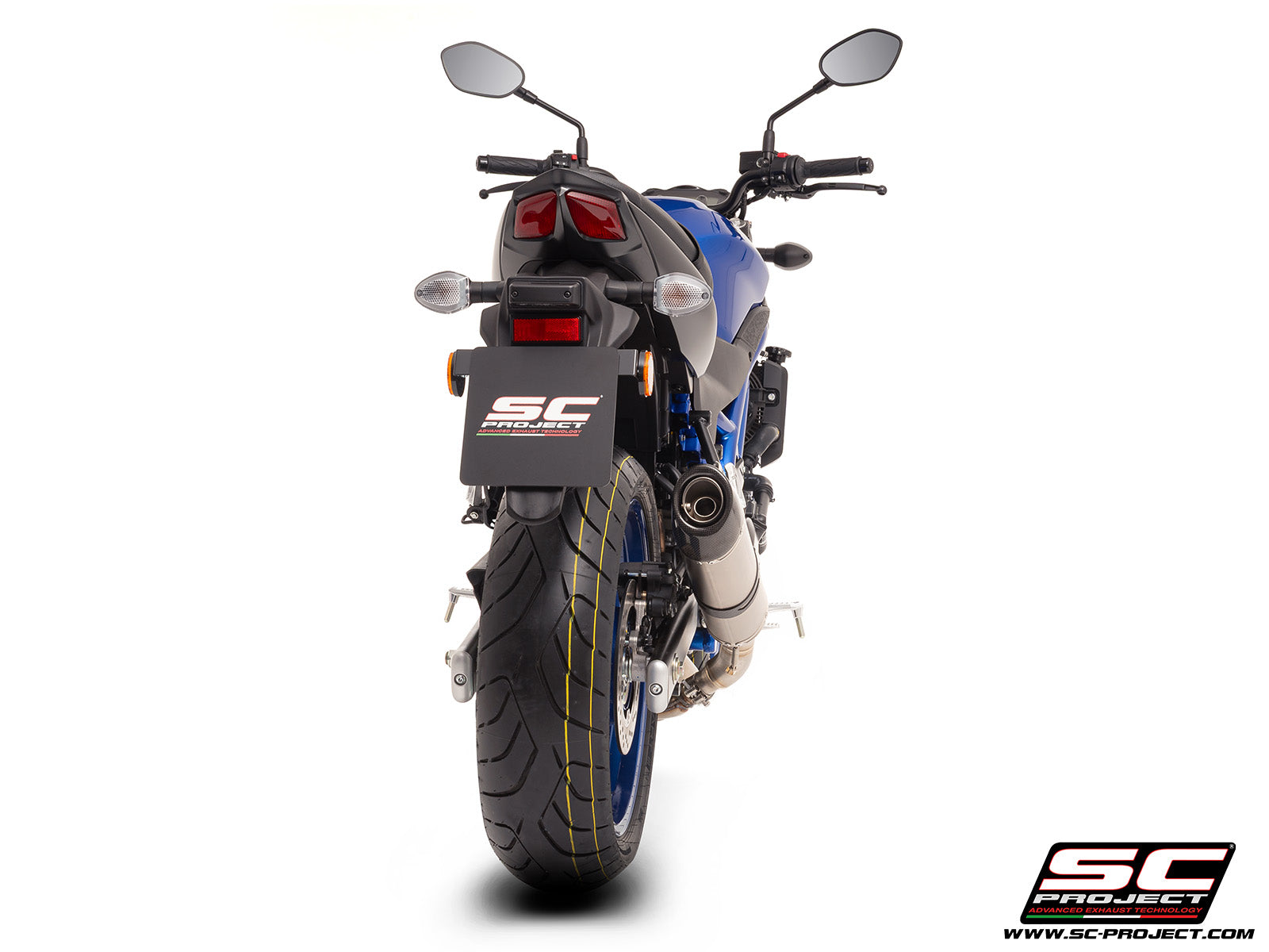 Suzuki SV650 M.Y. 2025 with SC-Project Oval titanium exhaust, 3/4 rear view