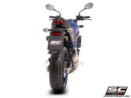 Suzuki SV650 M.Y. 2025 with SC-Project Oval titanium exhaust, 3/4 rear view
