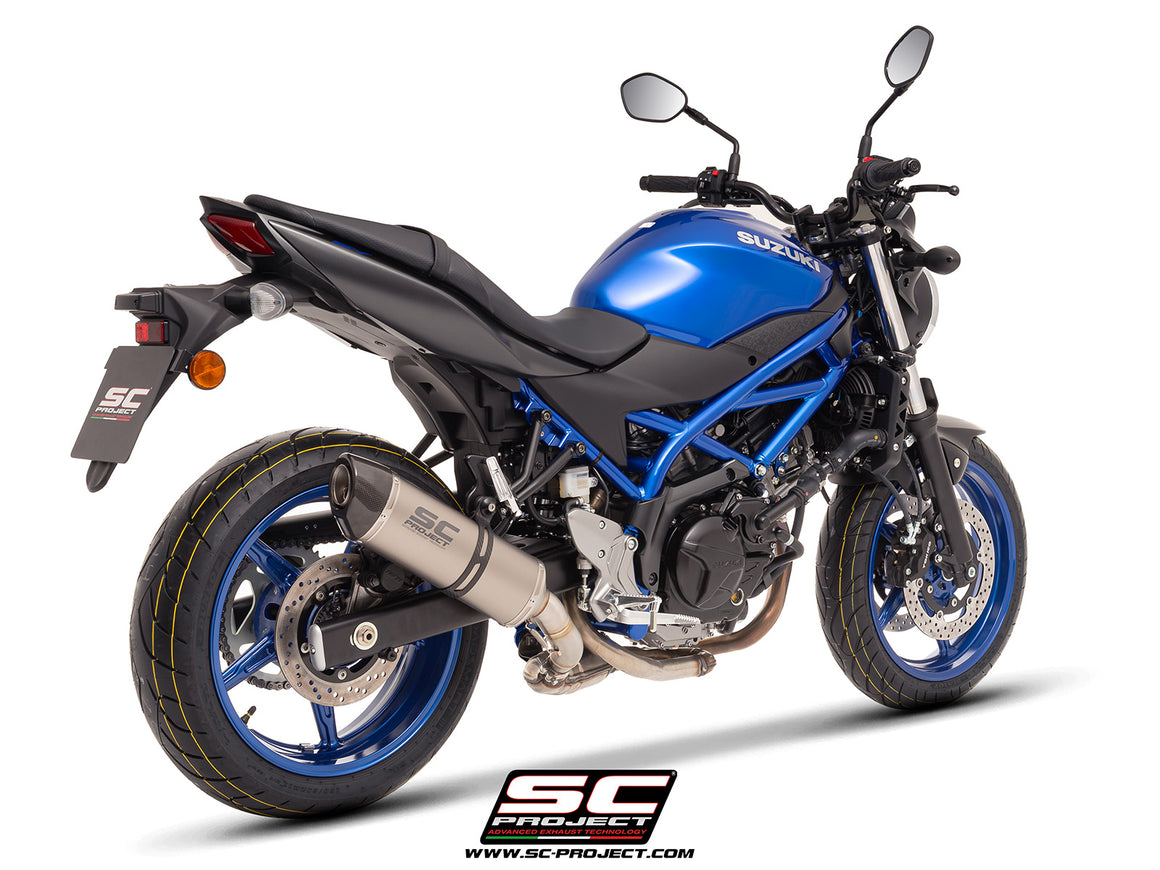 Suzuki SV650 M.Y. 2025 with SC-Project Oval titanium exhaust, 3/4 rear view