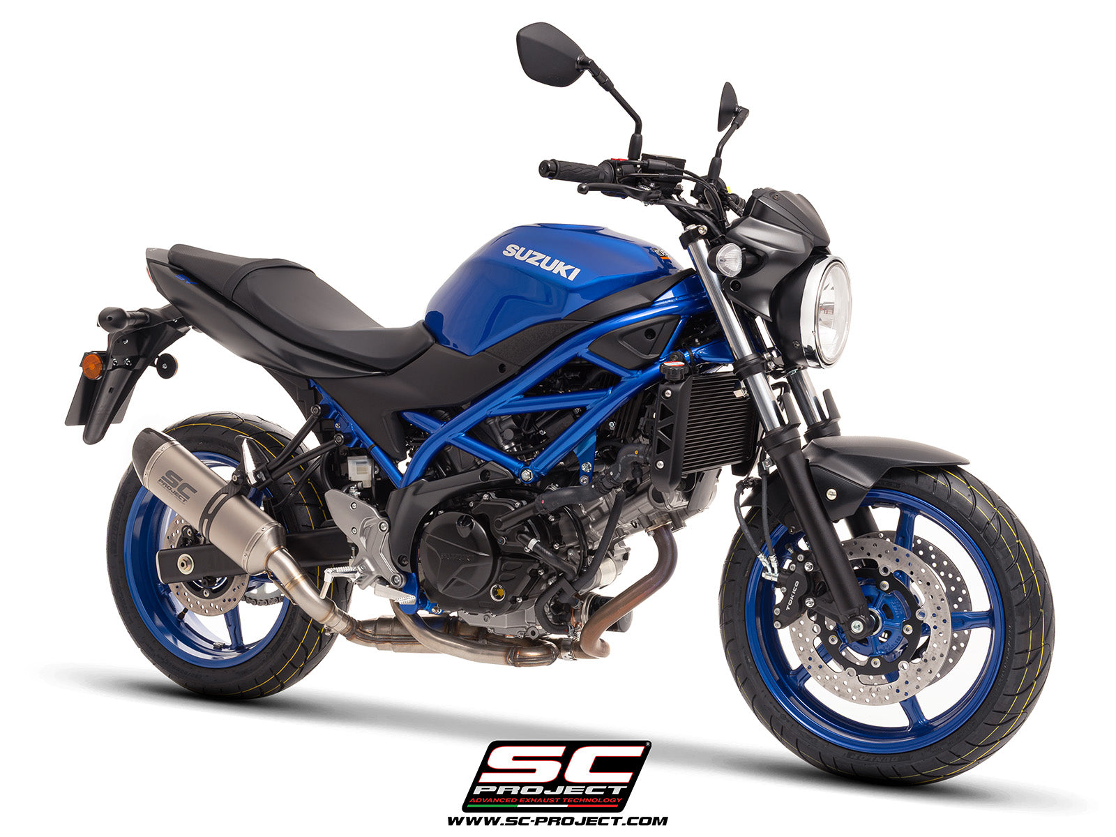 Suzuki SV650 M.Y. 2025 with SC-Project Oval titanium exhaust, 3/4 rear view