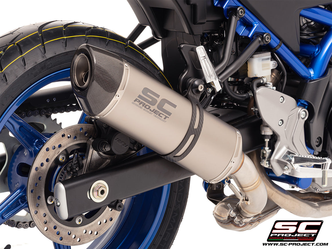 Suzuki SV650 M.Y. 2025 with SC-Project Oval titanium exhaust, 3/4 rear view