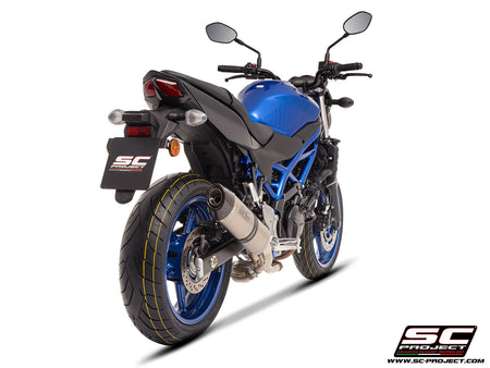 Suzuki SV650 M.Y. 2025 with SC-Project Oval titanium exhaust, 3/4 rear view