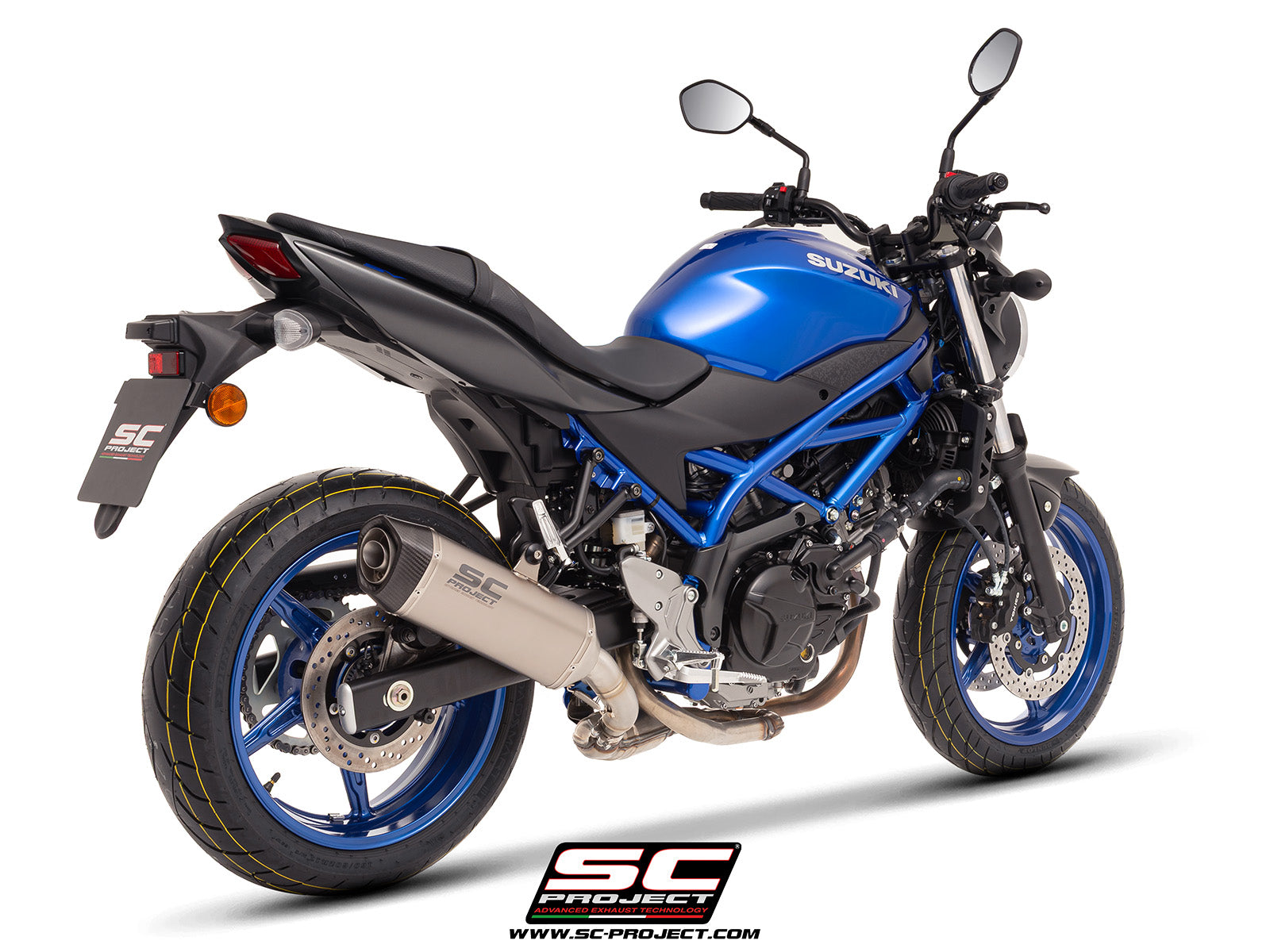 Suzuki SV650 M.Y. 2025 with SC-Project SC1-S titanium exhaust, 3/4 rear view