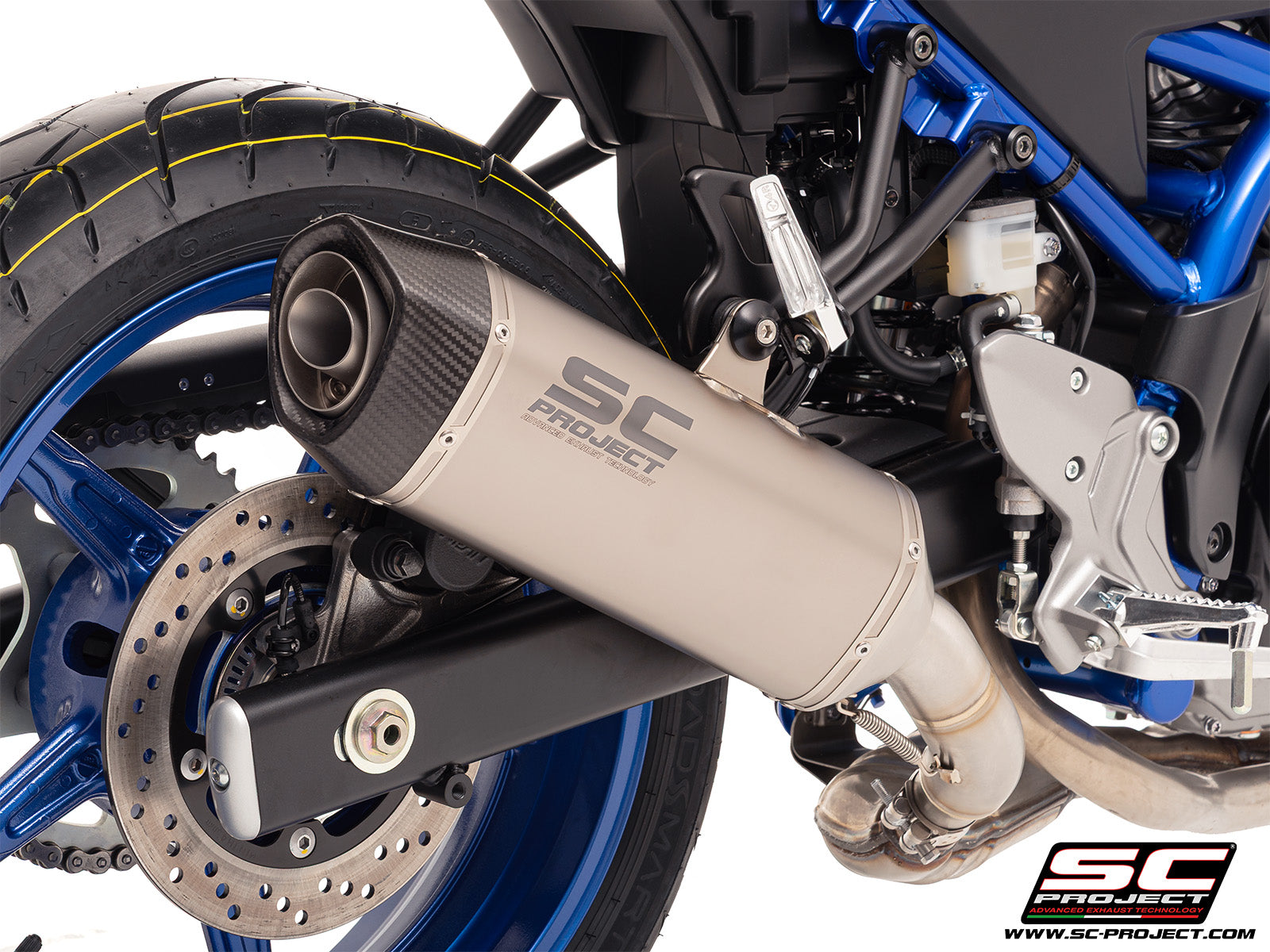 Suzuki SV650 M.Y. 2025 with SC-Project SC1-S titanium exhaust, 3/4 rear view
