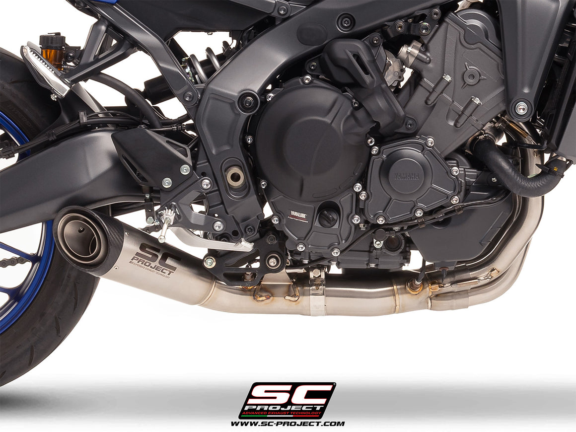 YAMAHA MT-09 (2024 - 2025) with SC-Project S1 stainless steel exhaust, 3/4 rear view